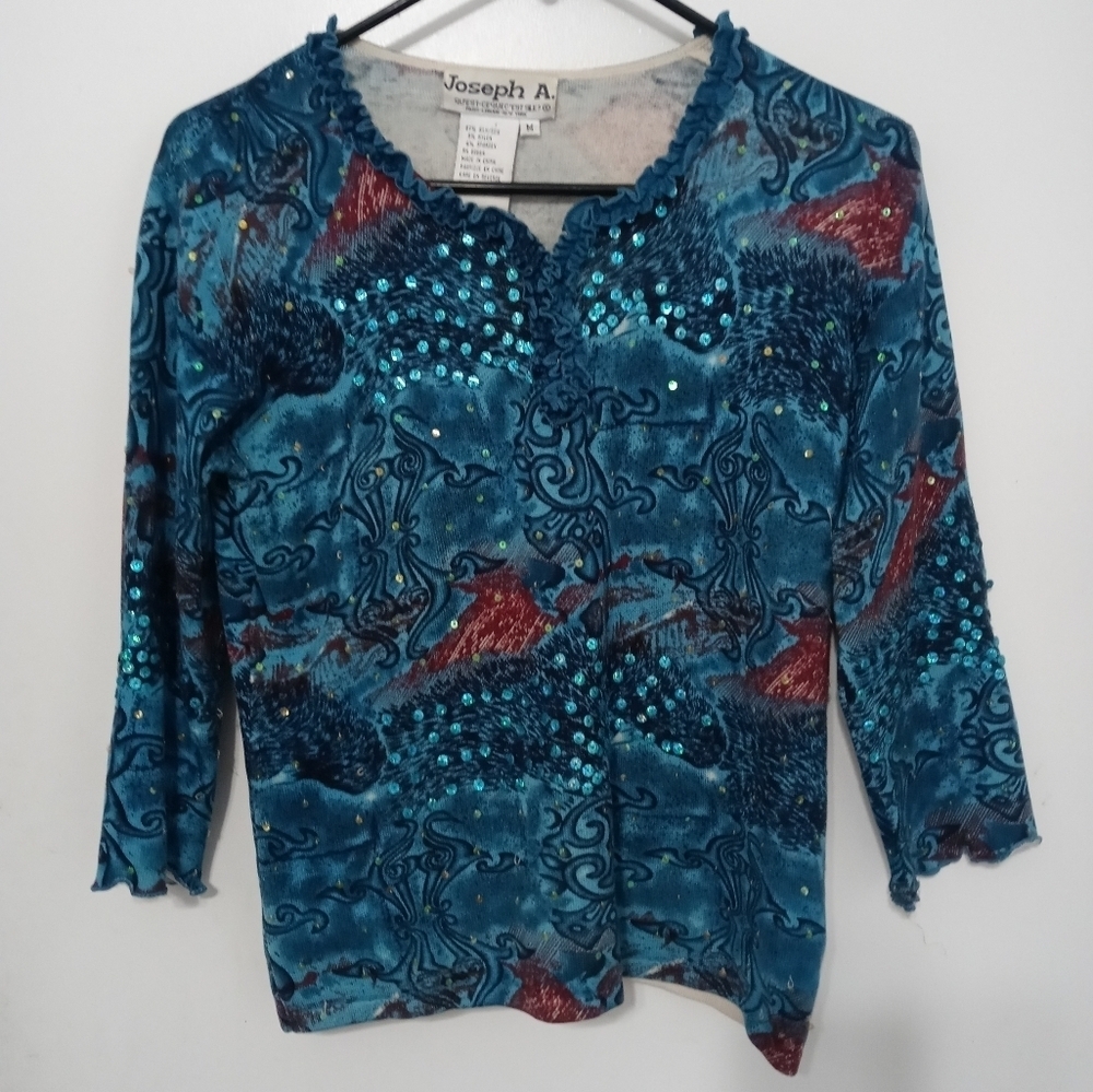 Vintage Joseph A. Turquoise V neck Silk Sweater blouse w Feather print sequins